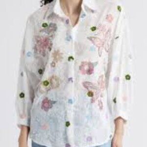 Nikki Lund Emma Embellished Semisheer Button Up Shirt Sparkle Embroidered size L